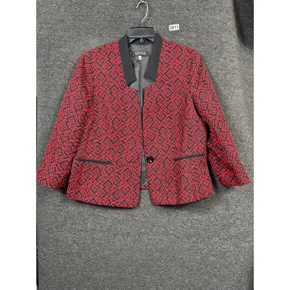 Kasper Blazer Womens 14 Red Black Geometric Pattern Single Button Jacket Career - Picture 1 of 7